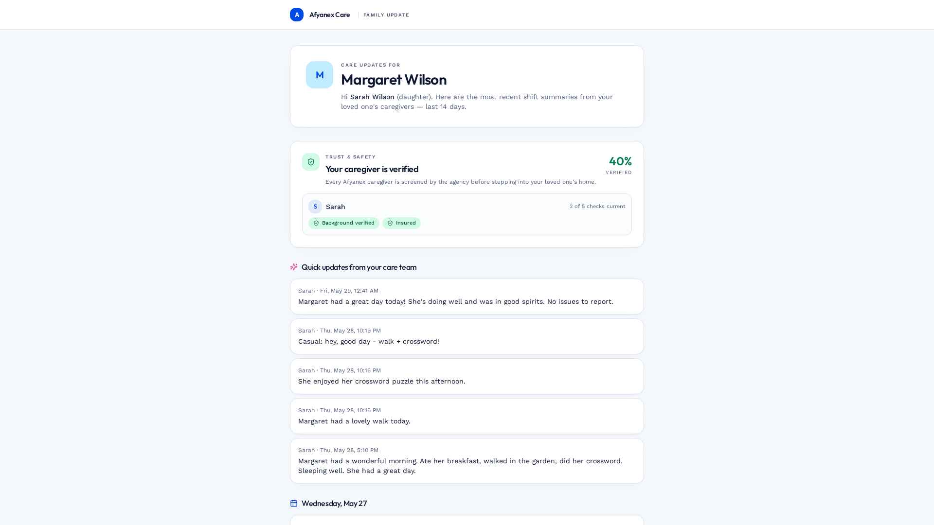 Afyanex family portal — care updates for Margaret